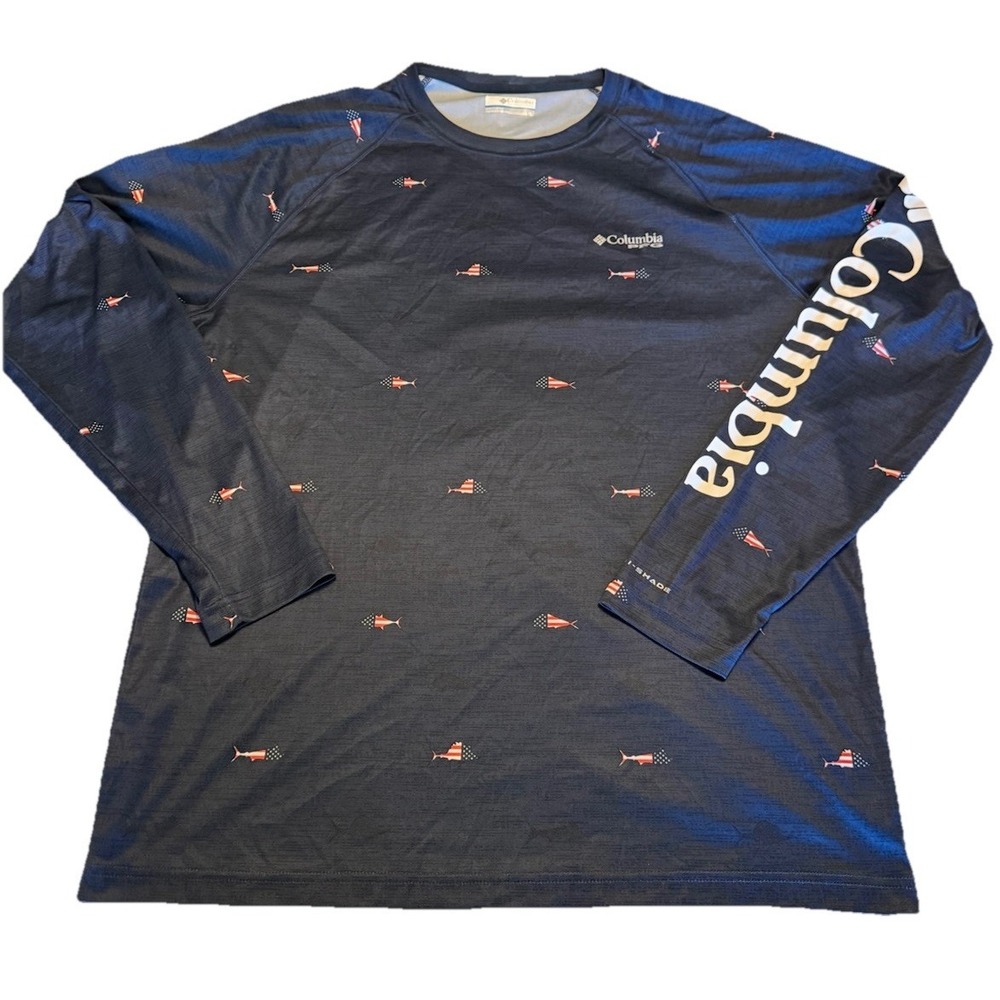 Columbia Men's Dark Blue PFG Flag Fish Long Sleeve Sports Shirt Size Large EUC